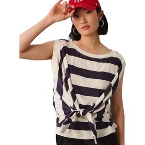 Anthropologie Maeve Navy Striped Tie Front Sleeveless Cotton Top Size Small